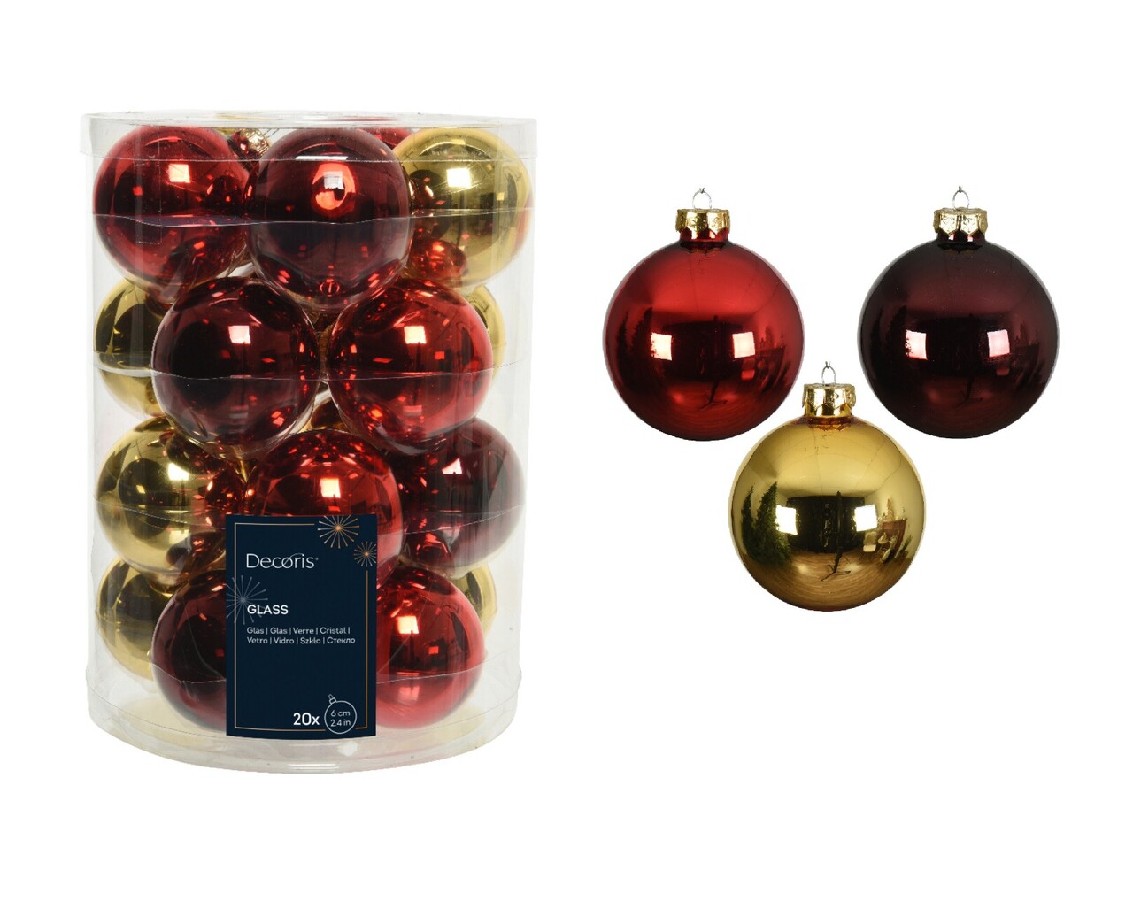 Cutie cu 20 globuri asortate Baubles, Decoris, 6 cm, plastic, rosu/auriu - imagine 4